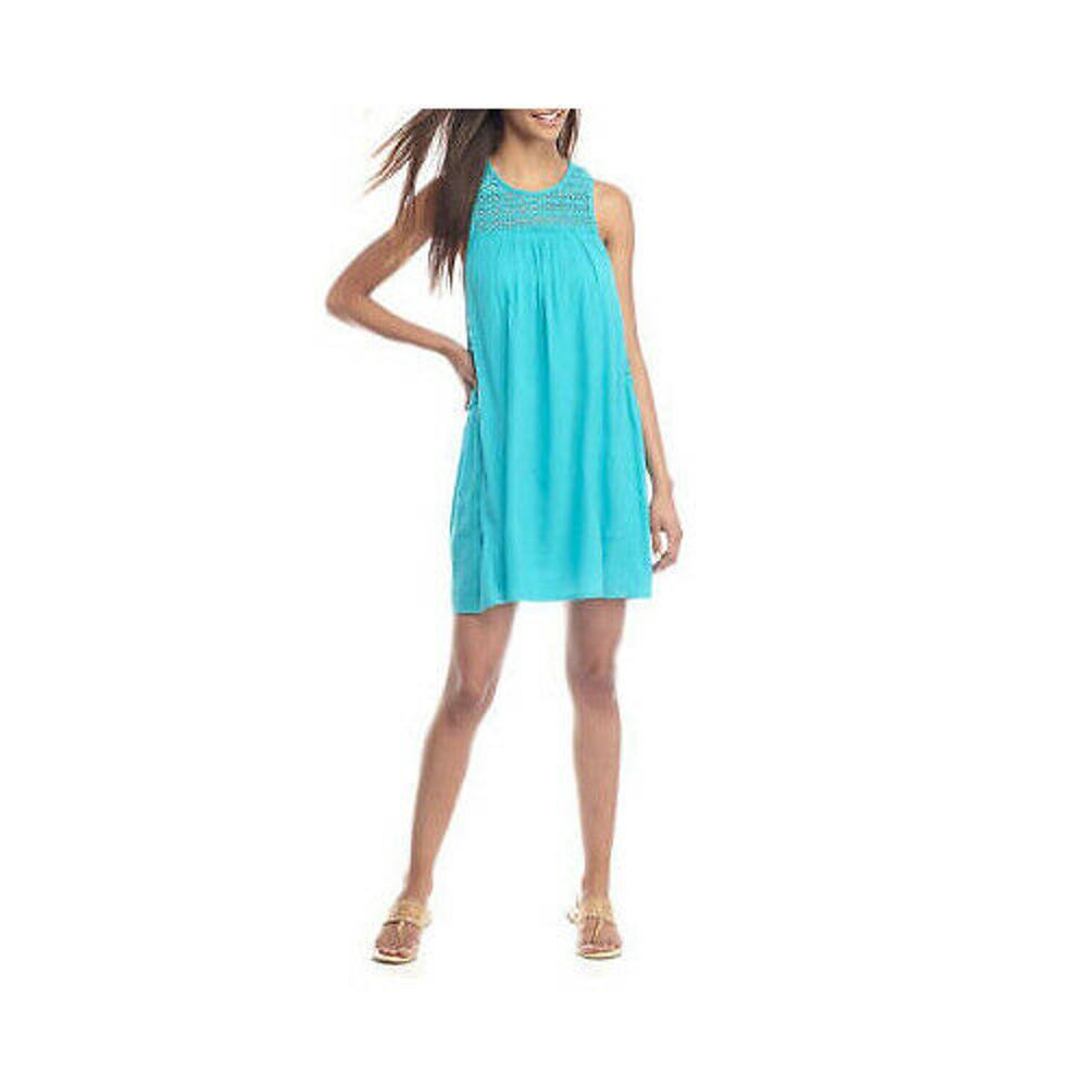 crown & ivy Womens Dress Size Small Gauzy Tank Lace Turquoise Teal Swim Coverup